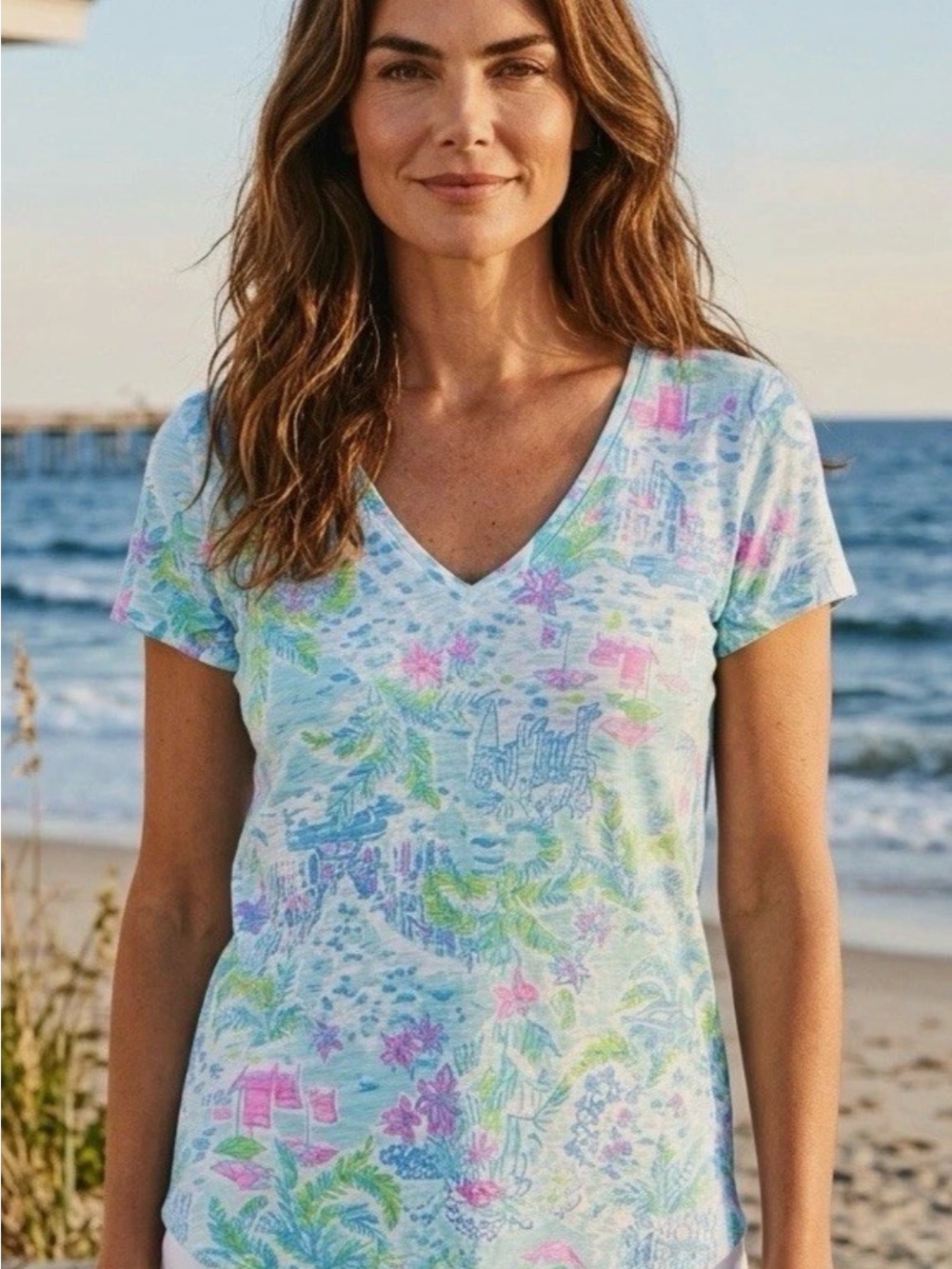 Lilly Pulitzer Pastel Blue Floral V-Neck Short Sleeve Top